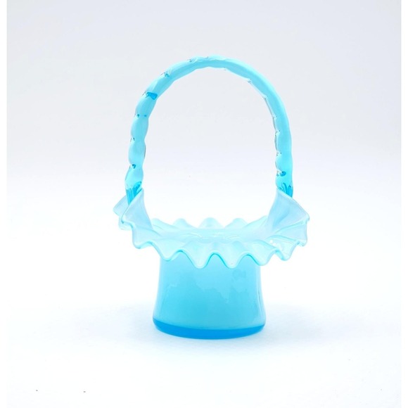 Fenton Other - Fenton Turquoise Opalescent Top Hat Basket Blue Bamboo Handle 1950s